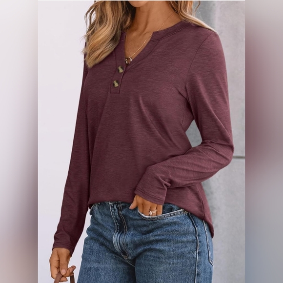 Wine Henley Long Sleeve Button-Down Blouse, NIP - Picture 3 of 6